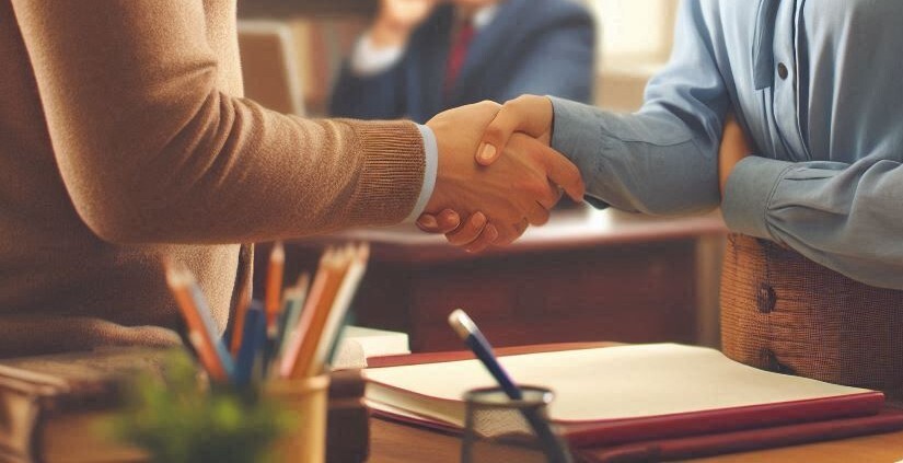 Feature image with principal office background and setting. An Indian girl in her 30s shaking hands with a principal in his 50s. The angle focuses only on the handshake.